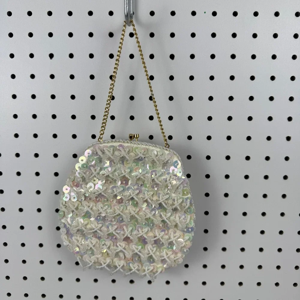 Vtg 1960s Hong Kong Beaded Sequin‎ Evening Bag White Iridescent Bridal Purse
